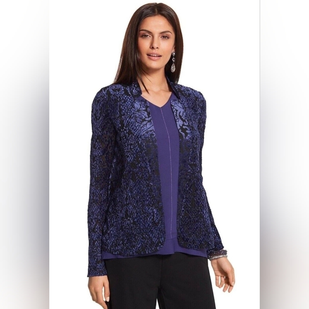 Woman's Chicos Elegant Blue Lace Jacket‎ size 1 Vevet Cardigan